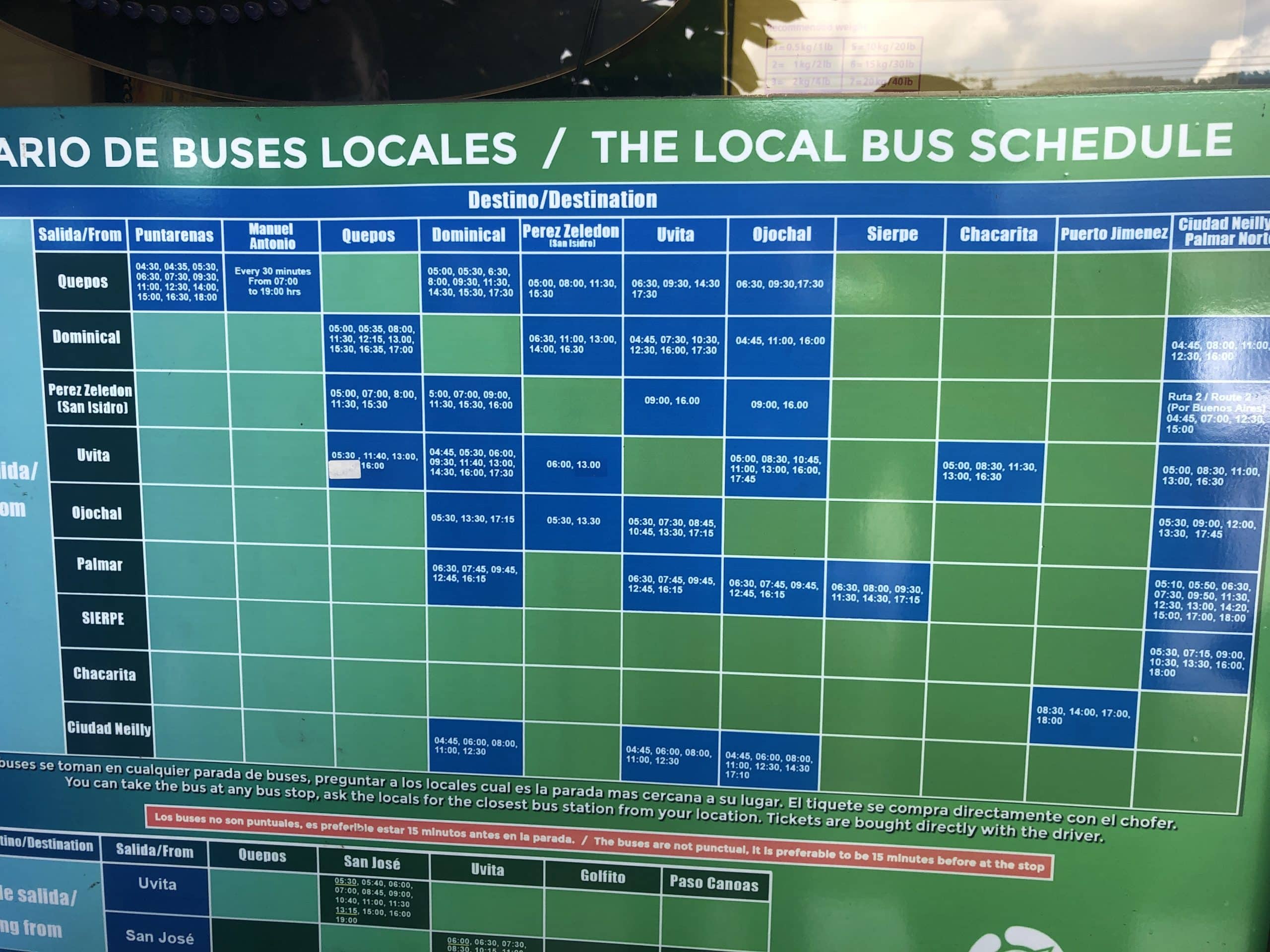 Horaires du bus de Uvita