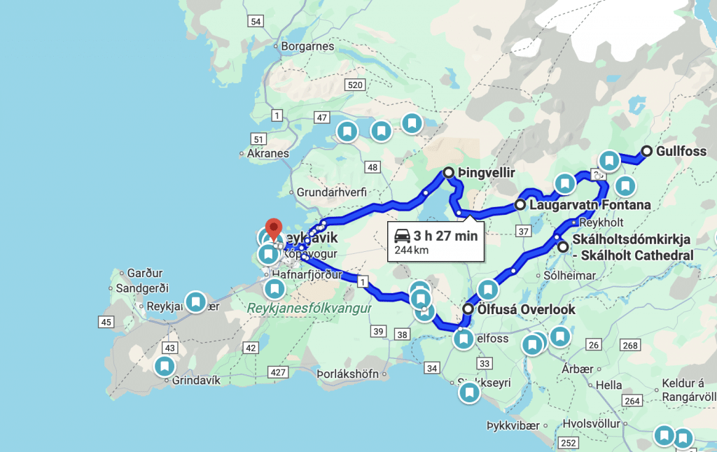 notre itinéraire au départ de Reykjavik poru visiter le cercle d'or en Islande