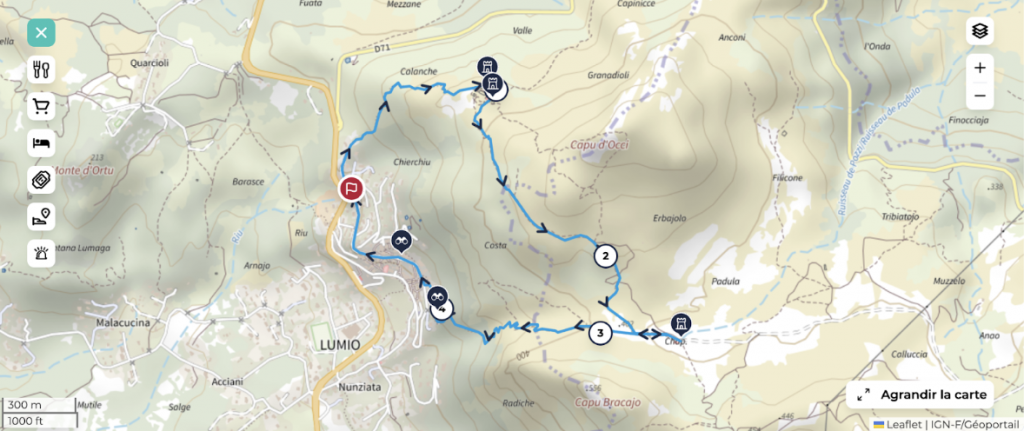 tracé de la randonnée du village d'Occi depuis Lumio en Balagne